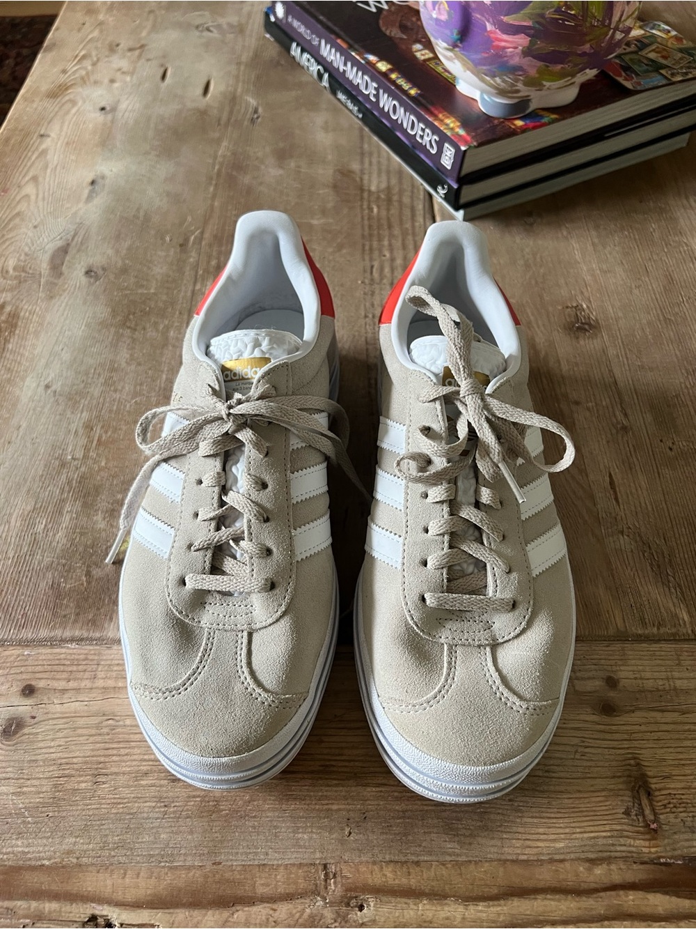adidas Beige Suede Platform Sneakers with White Stripes and Red Heel - Picture 3 of 13